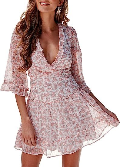 Dokotoo Womens 2022 Summer Casual Ruffle Short Sleeve Elegant Boho Mini Short Skater Dresses | Amazon (US)