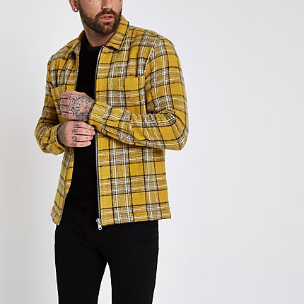 Mens Yellow check zip up shacket | River Island (UK & IE)