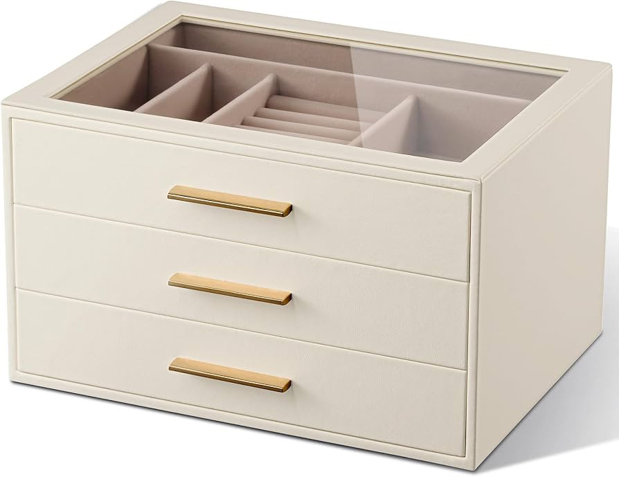 pickpiff Jewelry Box Organizer Case for Women: 3-Layer Jewelry Storage Case with Glass Window, Iv... | Amazon (US)