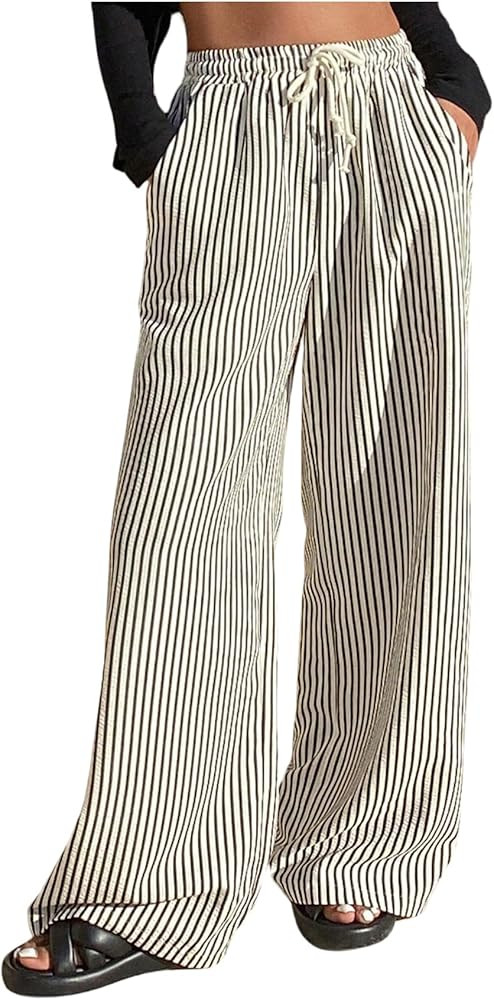 GORGLITTER Women's Striped Linen Pants Wide Leg Drawstring Causal Trousers Streetwear | Amazon (US)