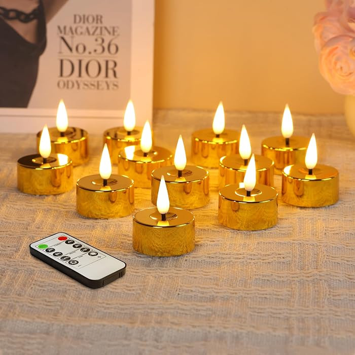 Gold LED Tealights with Remote Batteries, Flickering Flameless Tea Lights Votive Candles Set of 1... | Amazon (US)