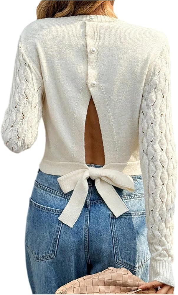 GORGLITTER Women's Bow Cropped Sweater Open Back Cable Knit Crewneck Long Sleeve Fall Old Money P... | Amazon (US)