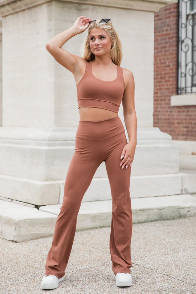 Get Moving Brown Flare Knit Leggings DOORBUSTER | Pink Lily