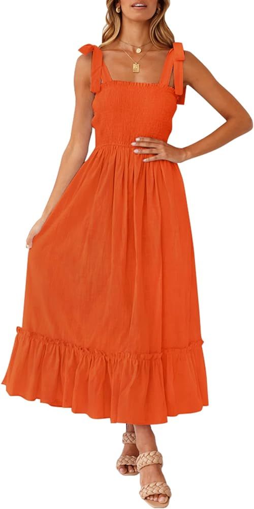 ZESICA Women's Summer Boho Spaghetti Strap Square Neck Solid Color Ruffle A Line Beach Long Maxi ... | Amazon (CA)