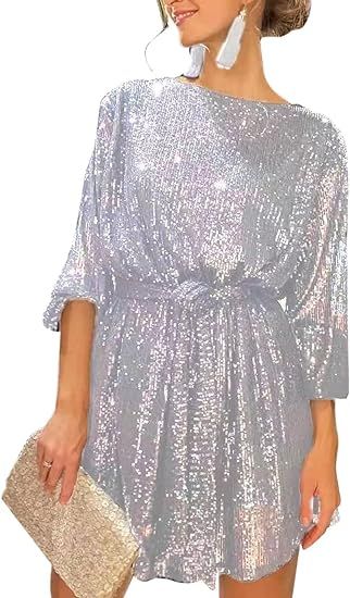 GTMRINJN Women Long Sleeve Sequins Glitter Dress Party Sparkle Loose Fit Shift Mini Short Dress w... | Amazon (US)