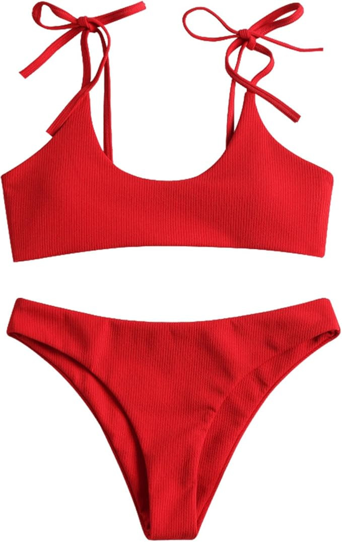 ZAFUL Women's Sexy Tie Shoulders Ribbed Bikini Set Padded Strap Triangle Swimsuit | Amazon (US)