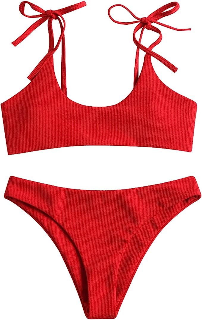 ZAFUL Women's Sexy Tie Shoulders Ribbed Bikini Set Padded Strap Triangle Swimsuit | Amazon (US)