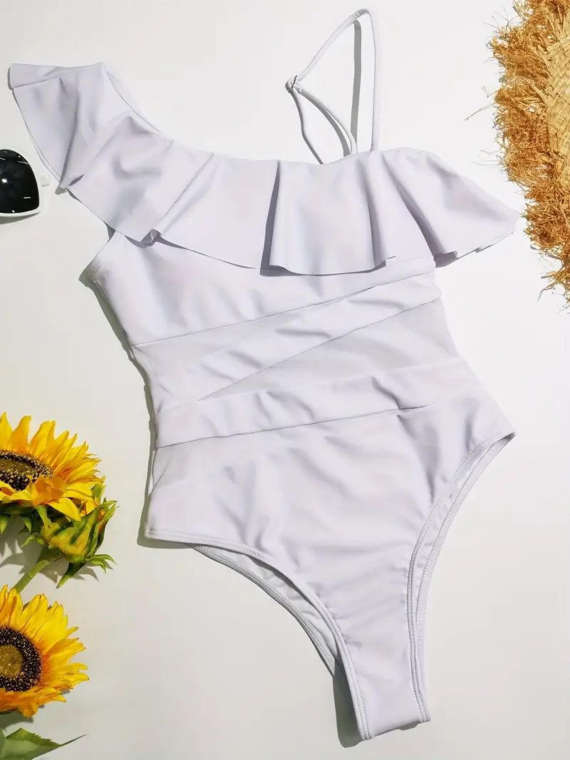 White Contrast Mesh Bathing Suit, Asymmetrical Straps Ruffle Stretchy High Cut One Piece Swimsuit... | Temu Affiliate Program