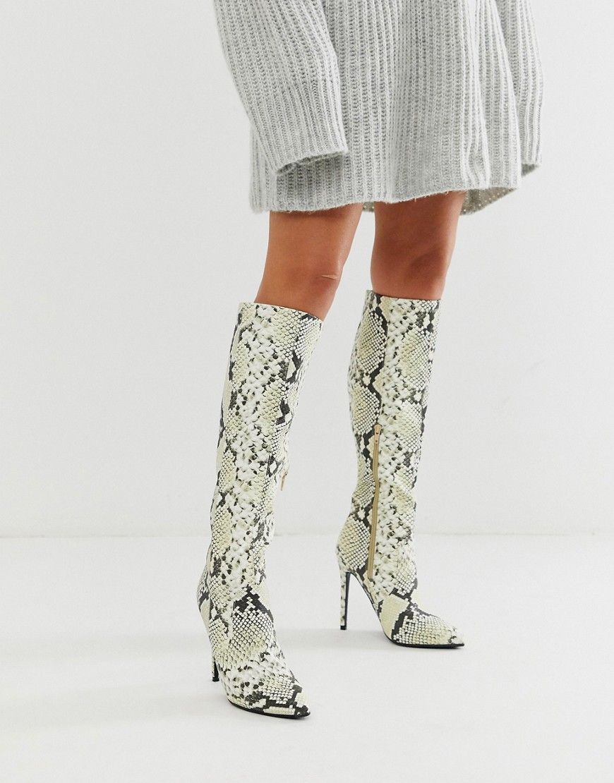 Lost Ink stiletto knee high boot in snake-Multi | ASOS (Global)