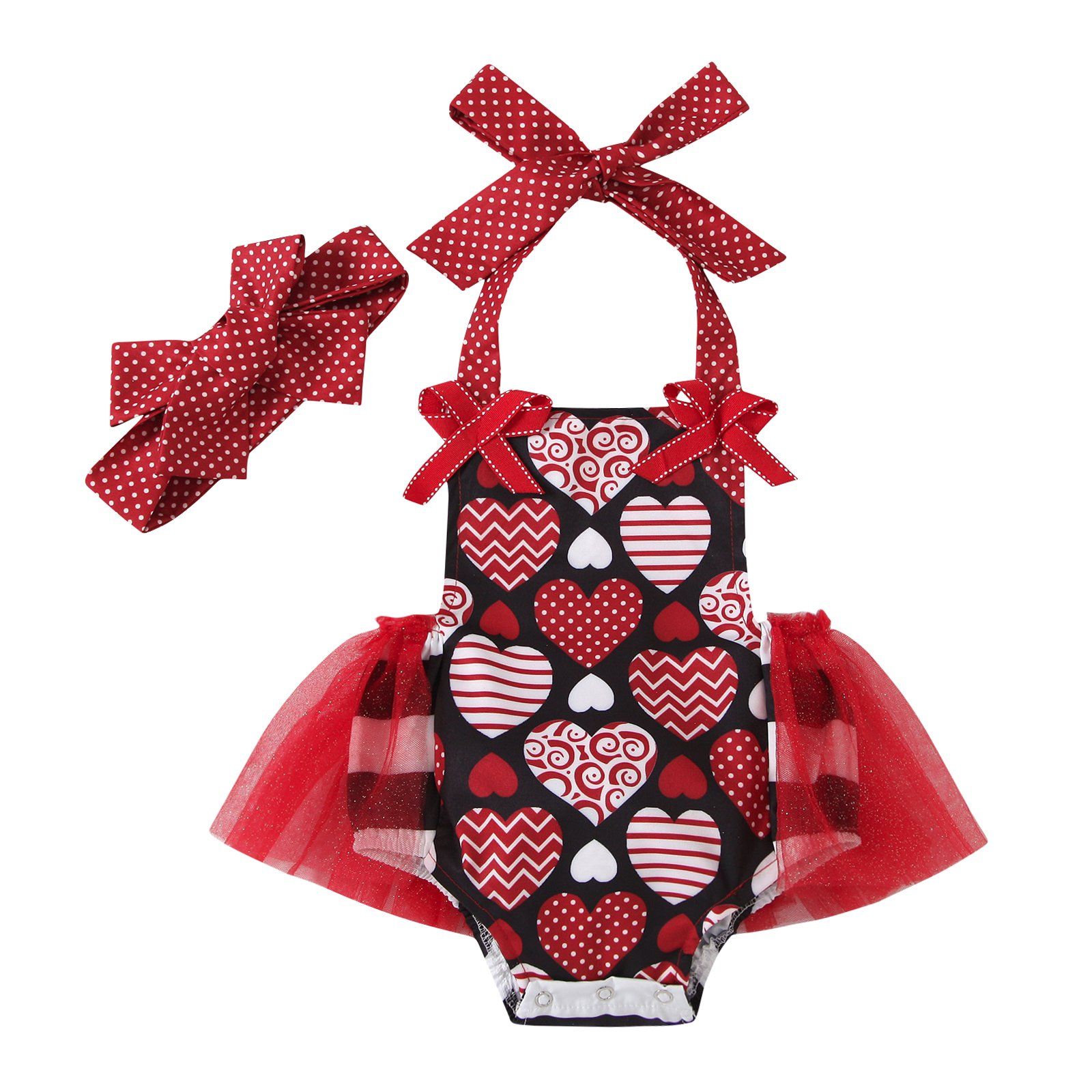 Kiapeise Baby Girls Valentine’s Day Outfits, Love Heart Print Ruffle Tulle Halter Romper with H... | Walmart (US)