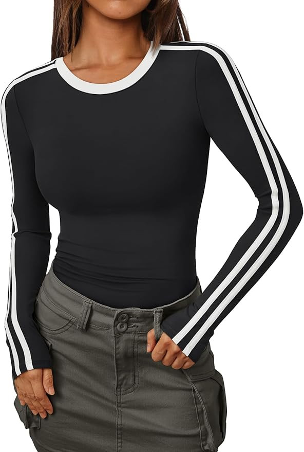 Trendy Queen Long Sleeve Workout Tops for Women Y2K Fitted Athletic Gym Shirt Trendy Color Block ... | Amazon (US)