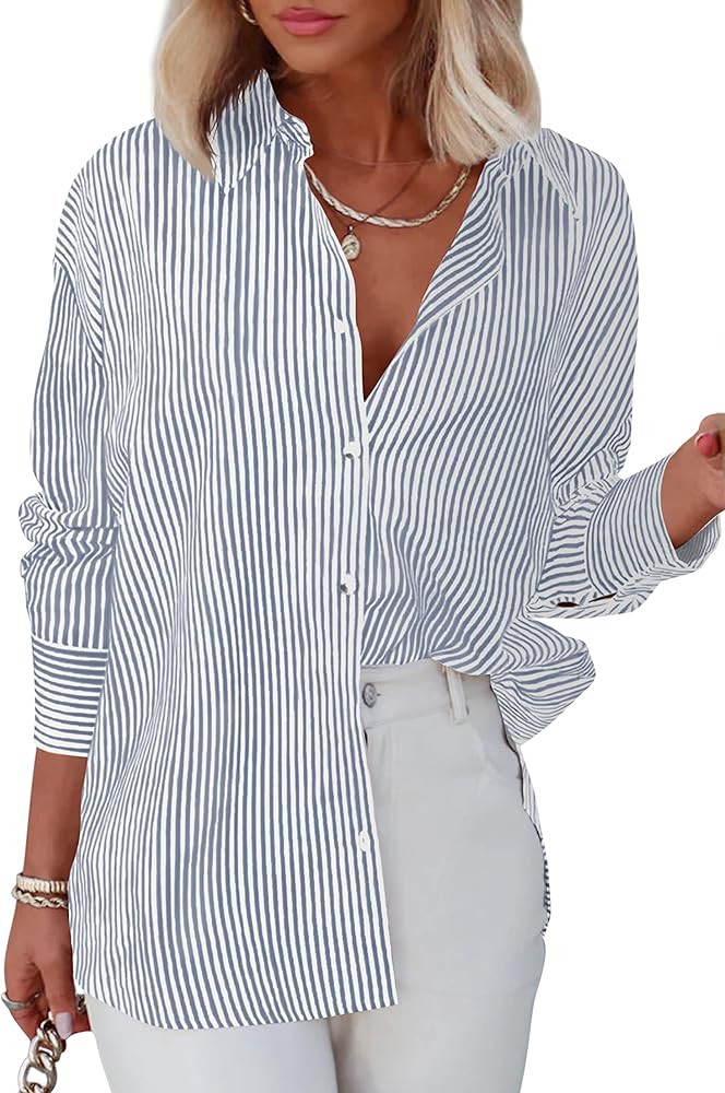 Diosun Womens Striped Button Down Shirts Classic Long Sleeve Stylish Collared Office Work Blouses... | Amazon (US)
