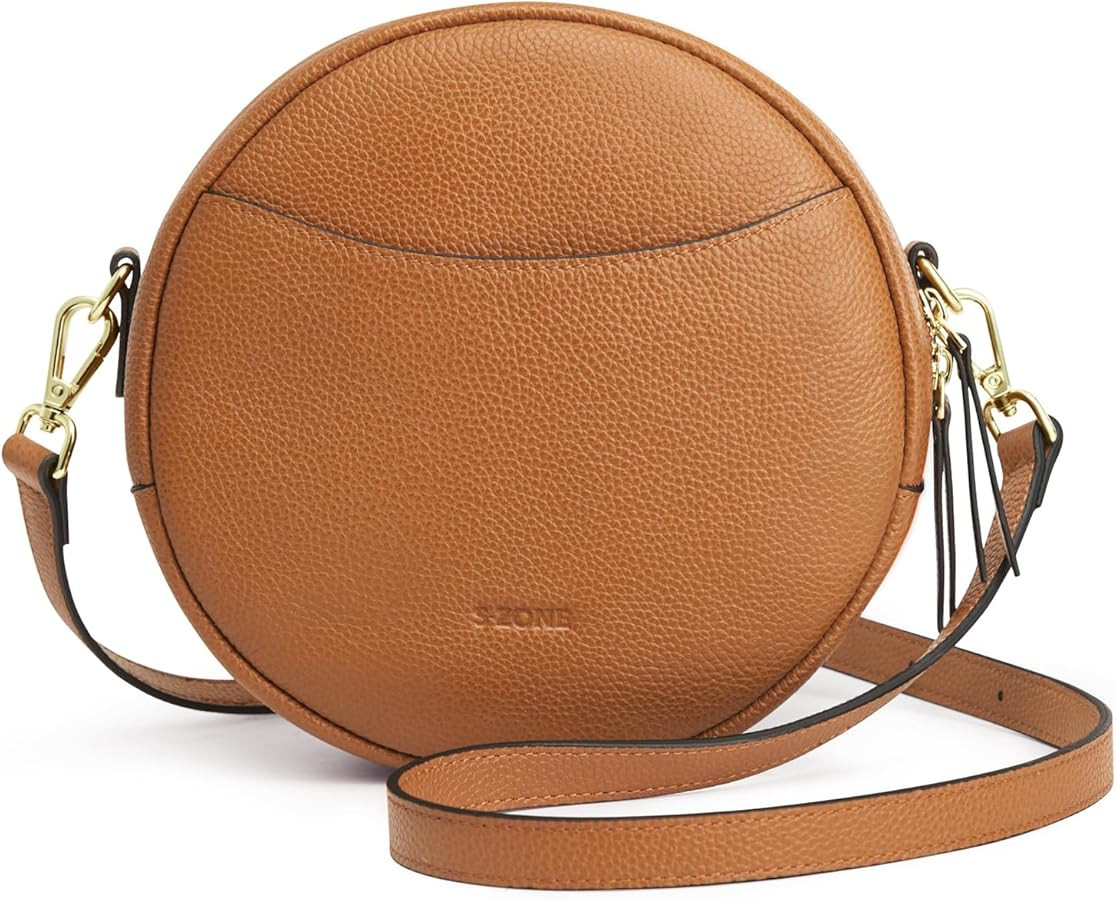 S-ZONE Leather Crossbody Bags for Women Vintage Circle Shoulder Purse Trendy Round Handbag with A... | Amazon (US)
