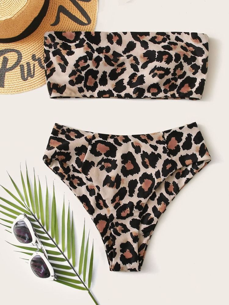 Leopard Bandeau High Waisted Bikini Swimsuit | SHEIN