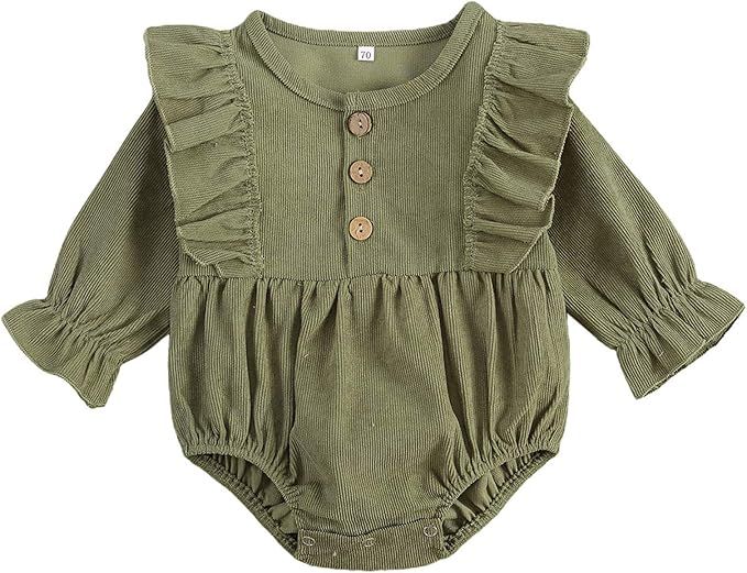 Mubineo Infant Baby Girl Corduroy Basic Plain Ruffle Long Sleeve Romper Tops Clothes | Amazon (US)