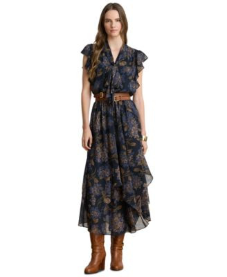 Lauren Ralph Lauren Womens Floral Crinkle Georgette Tie Neck Midi Dress | Macy's