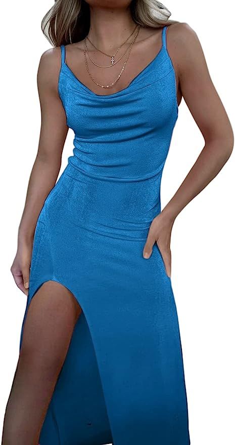 CHYRII Women's Sexy Sparkly Cowl Neck Wedding Guest Dress Sleeveless Split Bodycon Cocktail Party... | Amazon (US)