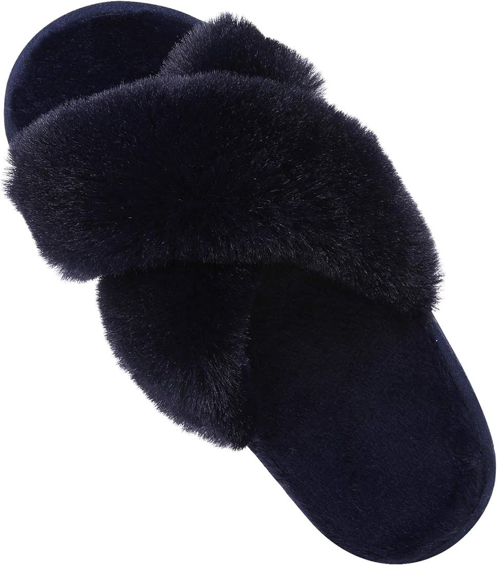 Comwarm Women's Cross Band Fuzzy Slippers Fluffy Open Toe House Slippers Cozy Plush Bedroom Shoes In | Amazon (US)