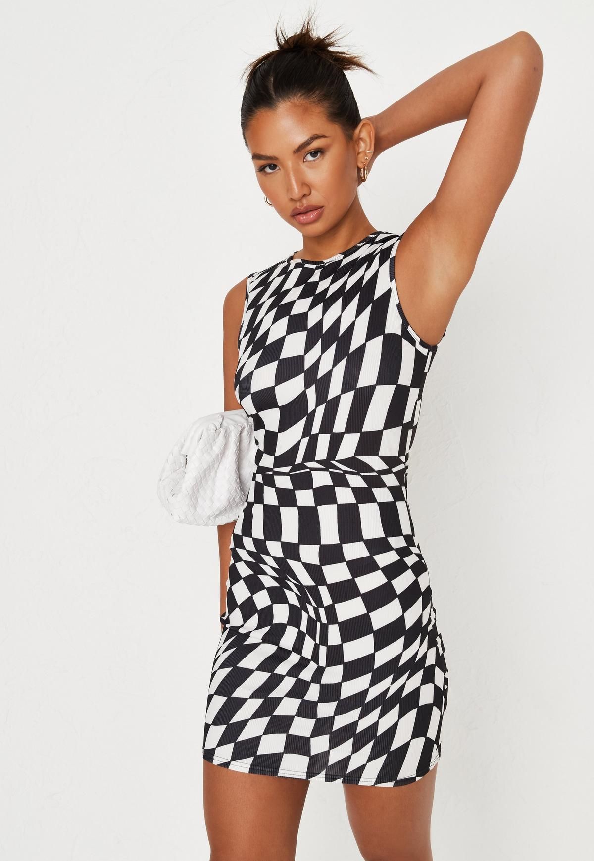 Missguided - Petite Black Checkerboard Print Racer Neck Mini Dress | Missguided (UK & IE)