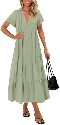 KIRUNDO Summer Maxi Dresses for Women 2026 Spring Fashion Short Sleeve Button V Neck Pleated Loos... | Amazon (US)