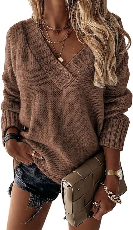 EVALESS Sweaters for Women Cute Deep V Neck Long Sleeve Oversized Sweater Fall Cable Knit Solid C... | Amazon (US)
