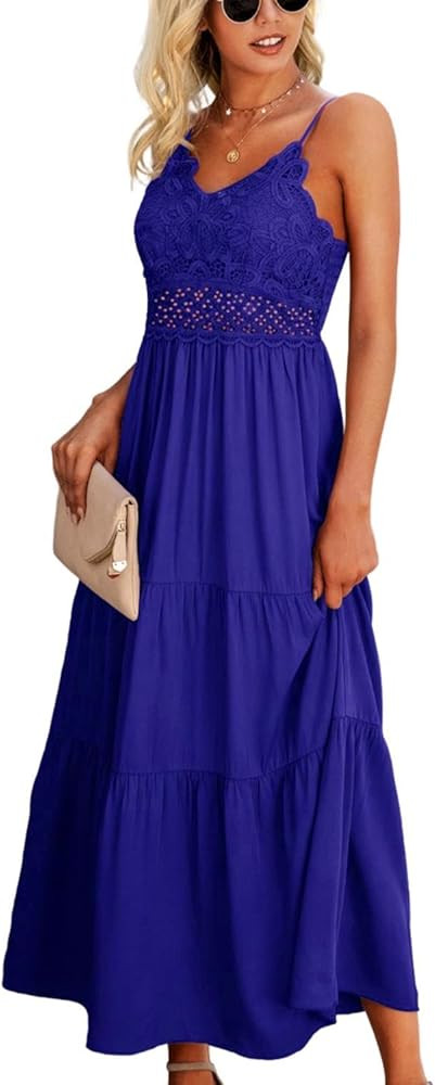 Dokuritu Women's Beach Crochet Lace Maxi Dress Solid Color Summer Vacation Spaghetti Strap Long D... | Amazon (US)