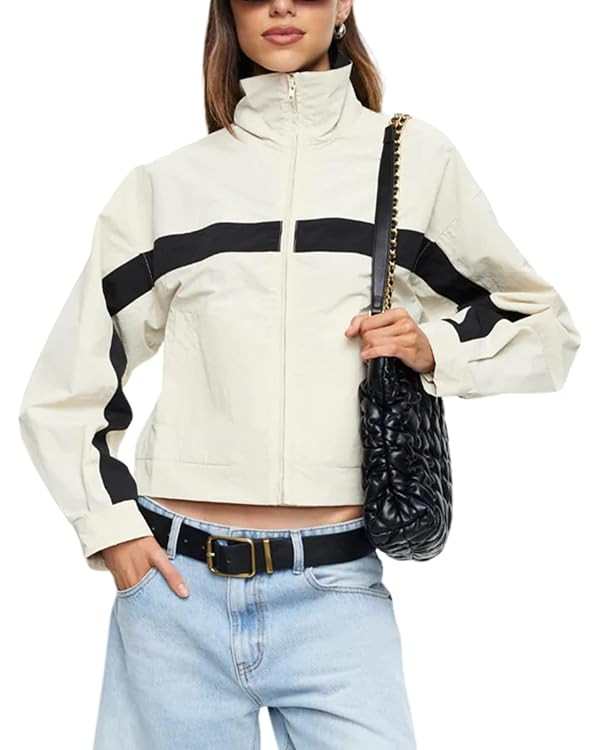 Lviefent Womens Cropped Jacket Color Block Stand Collar Windbreaker | lightweight nylon, color bl... | Amazon (US)
