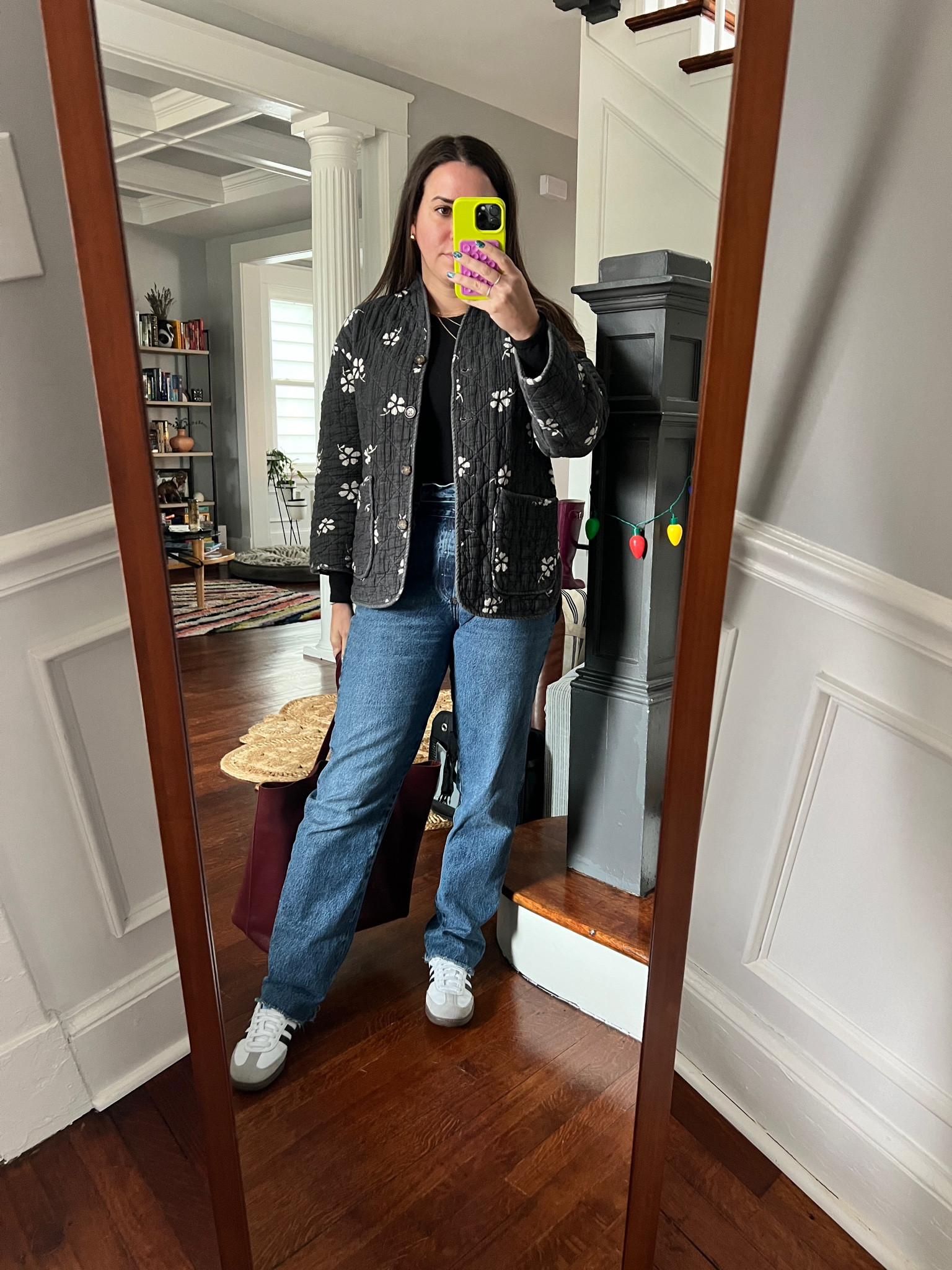 Agolde jeans. Quilted jacket. Sambas. Jeans. Baggy jeans. Casual style. 

#LTKfindsunder100 #LTKstyletip