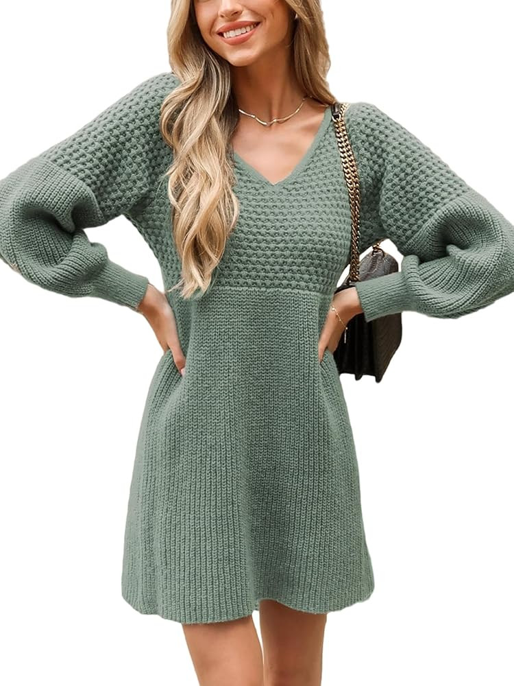CUPSHE Women's Sweater Dress V Neck Honeycomb Long Sleeve Textured Fall Casual Knit Pullover Dres... | Amazon (US)