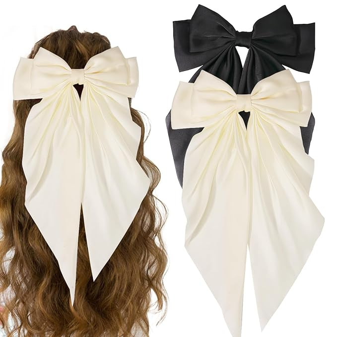 Mehayi 2 PCS Silky Satin Ribbon Hair Bows for Women Large Big Oversized Giant Long Tail Bow Frenc... | Amazon (US)