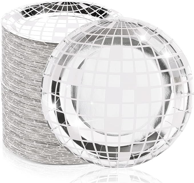 Funtery 50 Pcs Disco Plates 9'' Disco Ball Plates Disposable Silver Paper Plates 70s Disco Party ... | Amazon (US)