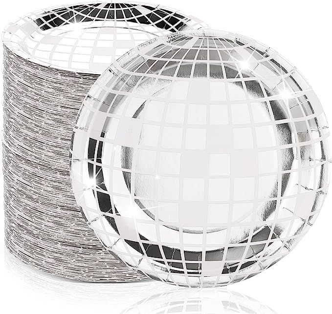 Funtery Silver Disco Ball Paper Dinner Plates Disco Paper Plates Disco Plates 70s Disco Party Sup... | Amazon (US)
