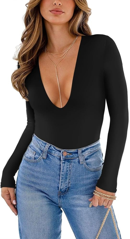 REORIA Women's Trendy Sexy Plunge Deep V Neck Long Sleeve Bodysuit Double Lined Going Out T Shirt... | Amazon (US)