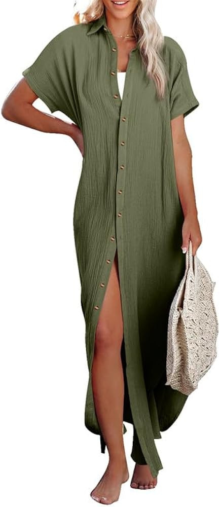 Dokotoo Womens Casual Short Sleeve Side Split Button Down Long Kimonos Cardigans Swimsuit Cover U... | Amazon (US)