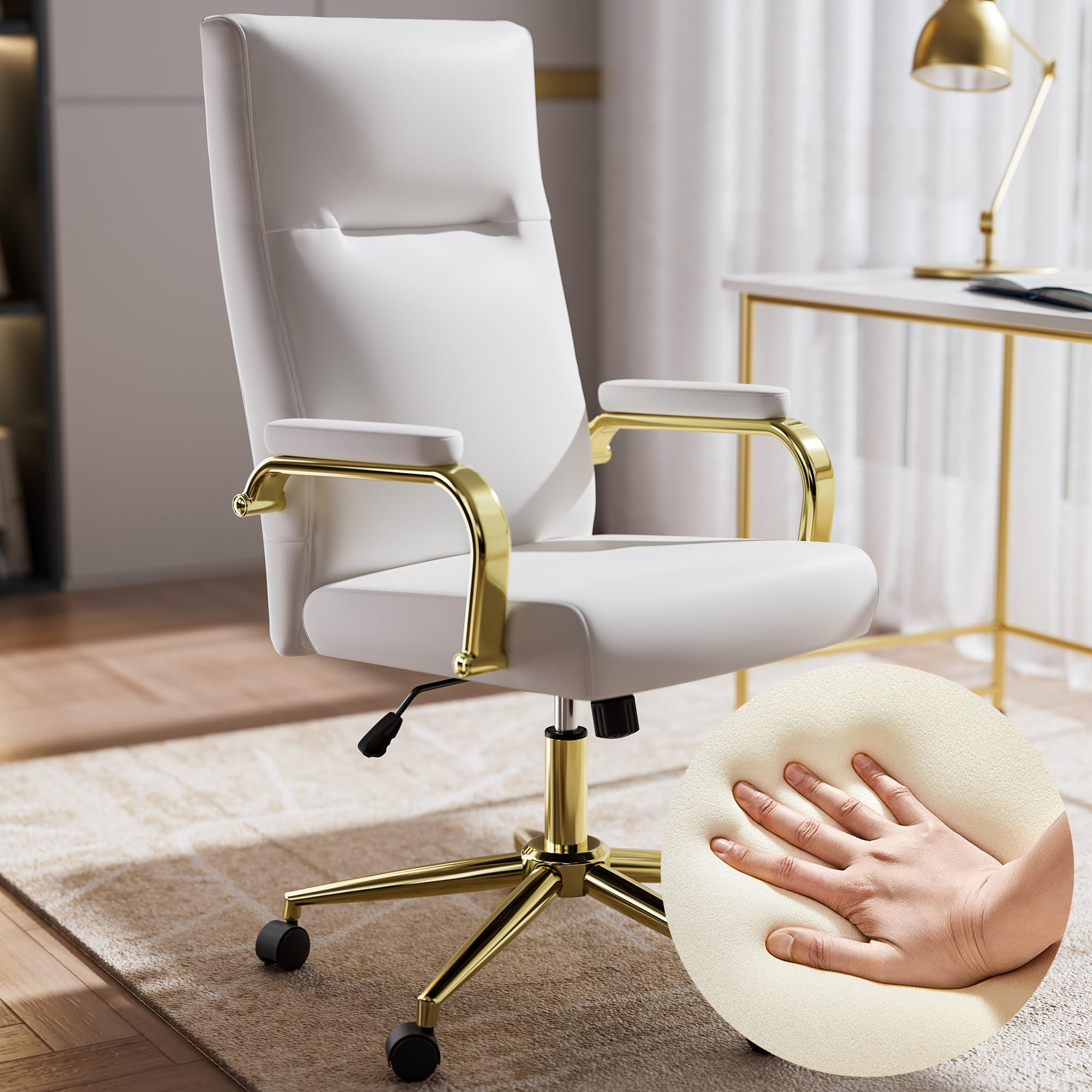 White and Gold Office Chair Memory Foam, White Leather Computer Desk Chairs with Wheels and Arms,... | Amazon (US)