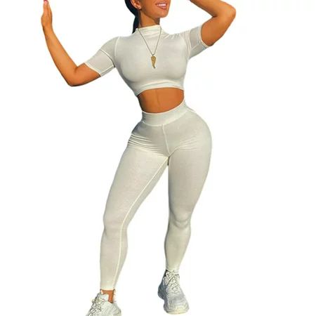 Eyicmarn Women s 2 Piece Tracksuit Workout Set Mock Neck Crop Tops Shirt Bodycon Leggings Yoga Sport | Walmart (US)
