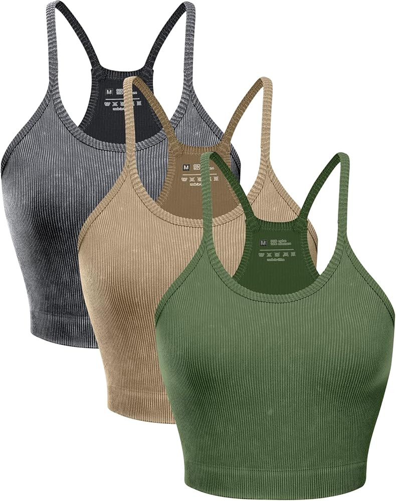Women's Crop 3-Pack Washed Seamless Rib-Knit Yoga Camisole Crop Tank Tops - Racerback Sport Tank ... | Amazon (US)