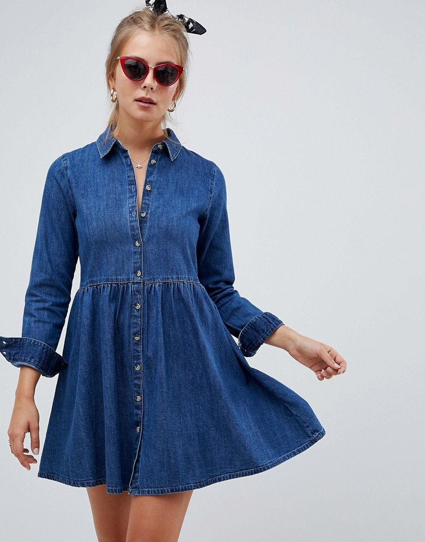 ASOS DESIGN denim smock shirt dress in midwash blue - Blue | ASOS US