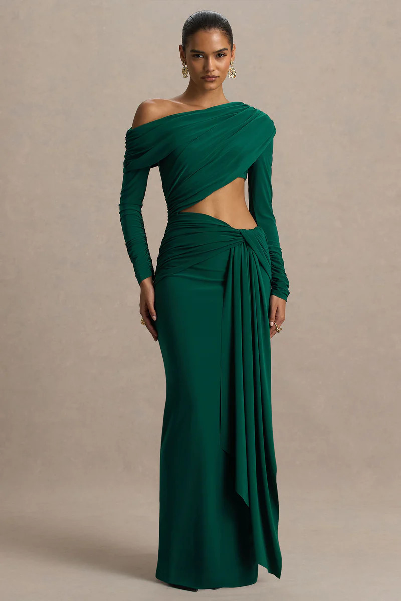 Mikayla  Dark Green Asymmetric-Neck Wrap Maxi Dress With Body Cut-Out And Ruched Detailing | Club L London