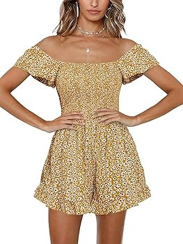 Jeanewpole1 Womens Floral Square Neck Smocked Romper Puff Sleeve Wide Leg Short Jumpsuit | Amazon (US)