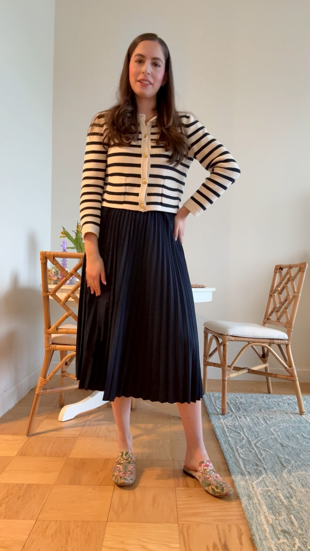 Office style, office outfit, business casual, workwear, lawyer, attorney, law firm style, corporate style, corporate spring style, corporate workwear, spring work outfit, spring workwear, pleated skirt, striped sweater, striped cardigan, striped lady jacket, pink mules

#LTKSeasonal #LTKWorkwear #LTKTall