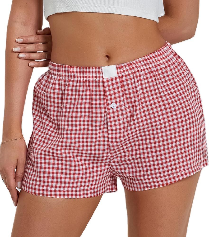 NUFIWI Women Y2k Pajamas Shorts Gingham Cute Pj Short Pants Plaid Lounge Shorts Sleep Bottoms Ela... | Amazon (US)