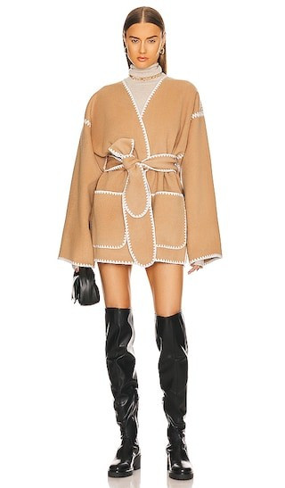 Wool Blend Embroidered Blanket Coat in Tan | Revolve Clothing (Global)