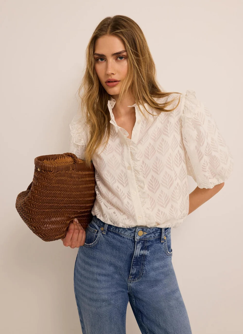 White Jacquard Ruffle Blouse | Mint Velvet