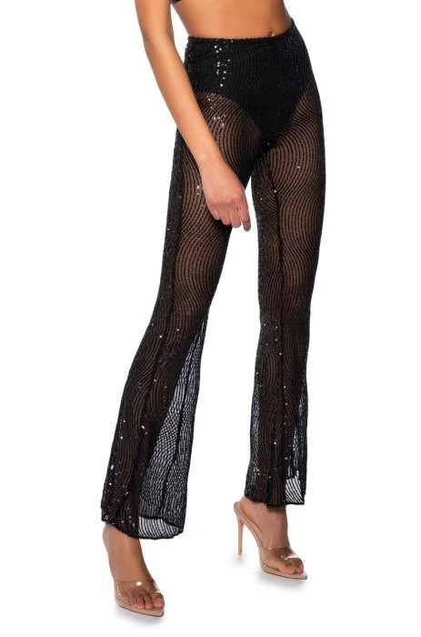 CATCHING EYES SEQUIN EMBELLISHED FLARE PANT IN BLACK | AKIRA