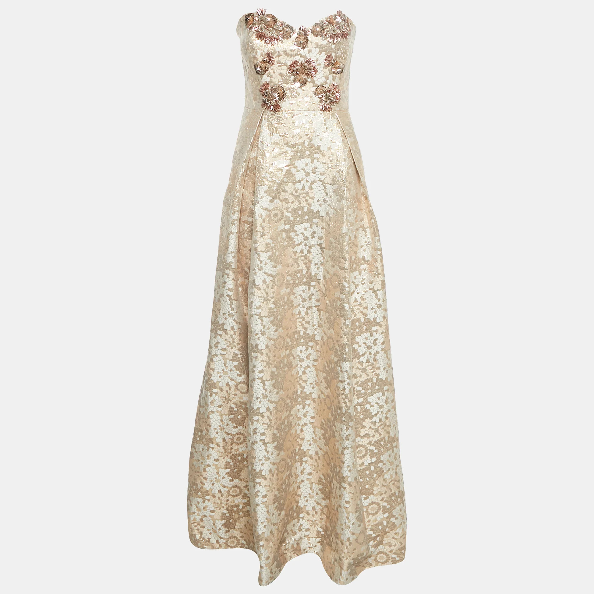 Badgley Mischka Gold Sequin Embellished Brocade Strapless Gown | Shop Simon