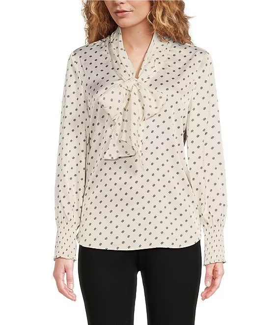 Anne Klein Charmeuse Satin Dotted Print Band Collar Long Sleeves Button-Front Bow Blouse | Dillar... | Dillard's