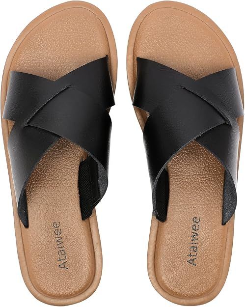 Ataiwee Women's Flat Sandals - Double Bands Cross Front Strappy Slip on Spring Summer Shoes. | Amazon (US)