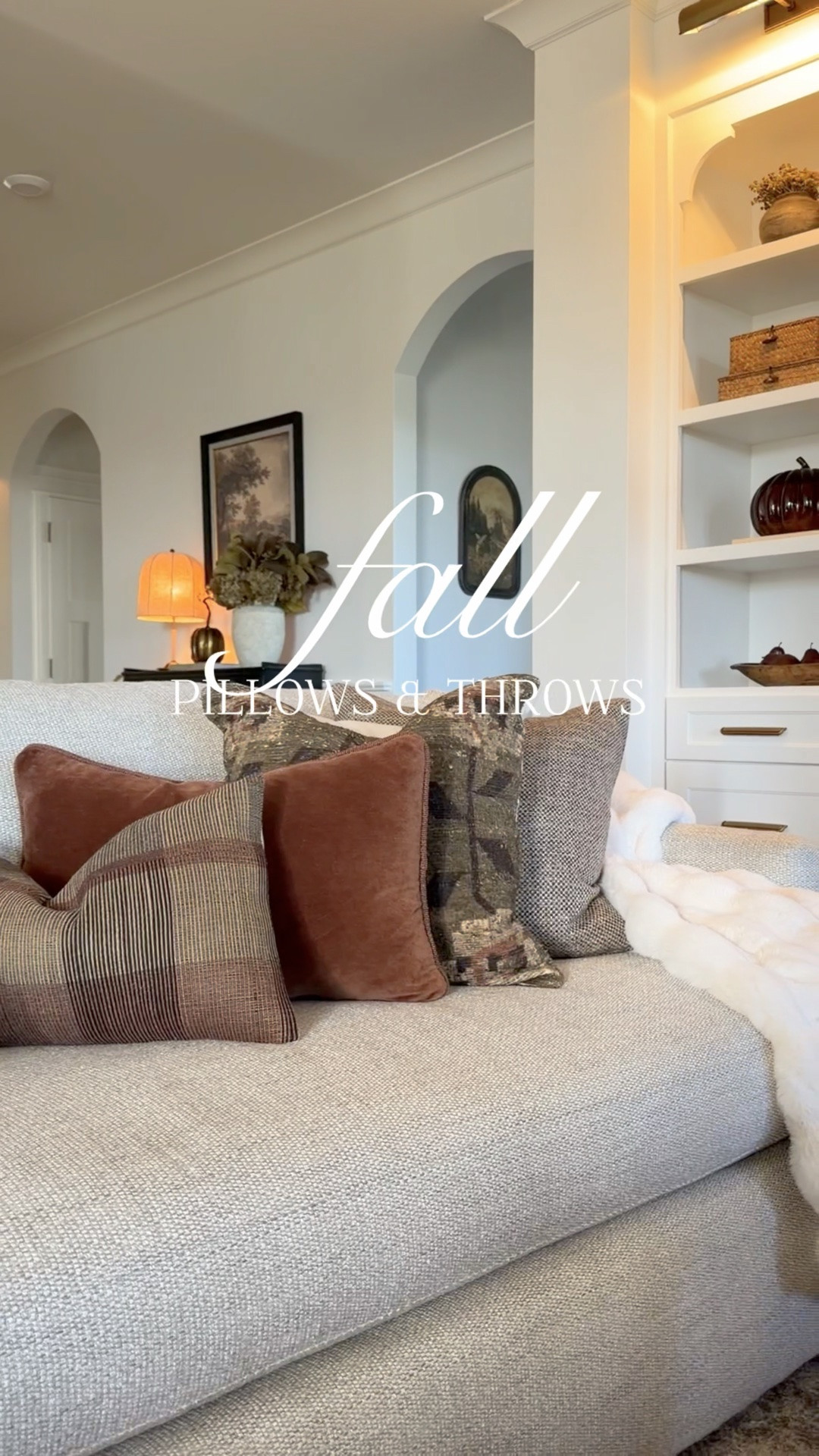 Toss, fluff, repeat — typically five or six times on my sofa for throw pillows. I love a mix of solid, floral, plaid or stripe, plus a whimsical, seasonal pillow like this cute, wool pumpkin for fall. Pick the same color tones and mix your fabrics — textured, velvet, linen. My size preference for sofas is 20x20 and lumbar. Use down inserts 1-2 inches larger for a nice fluffy pillow. How gorgeous are these throw blankets for fall?! Both are so soft and cozy!

#LTKSeasonal #LTKHome #LTKSaleAlert