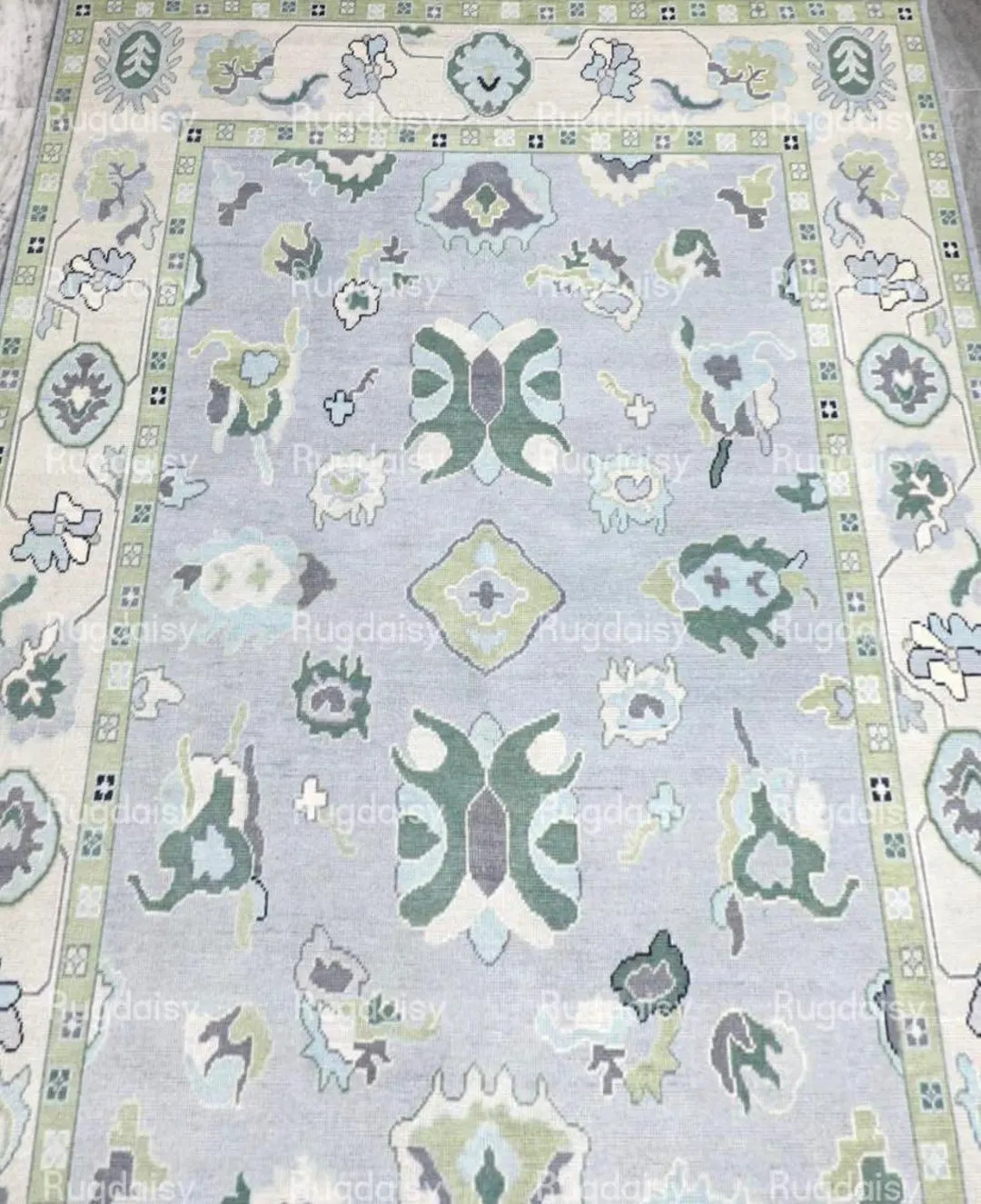 9x12 Light Blue Gray Oushak Rug with Green Beige Border, Cream White Accents, Soft Muted Tones, H... | Etsy (US)